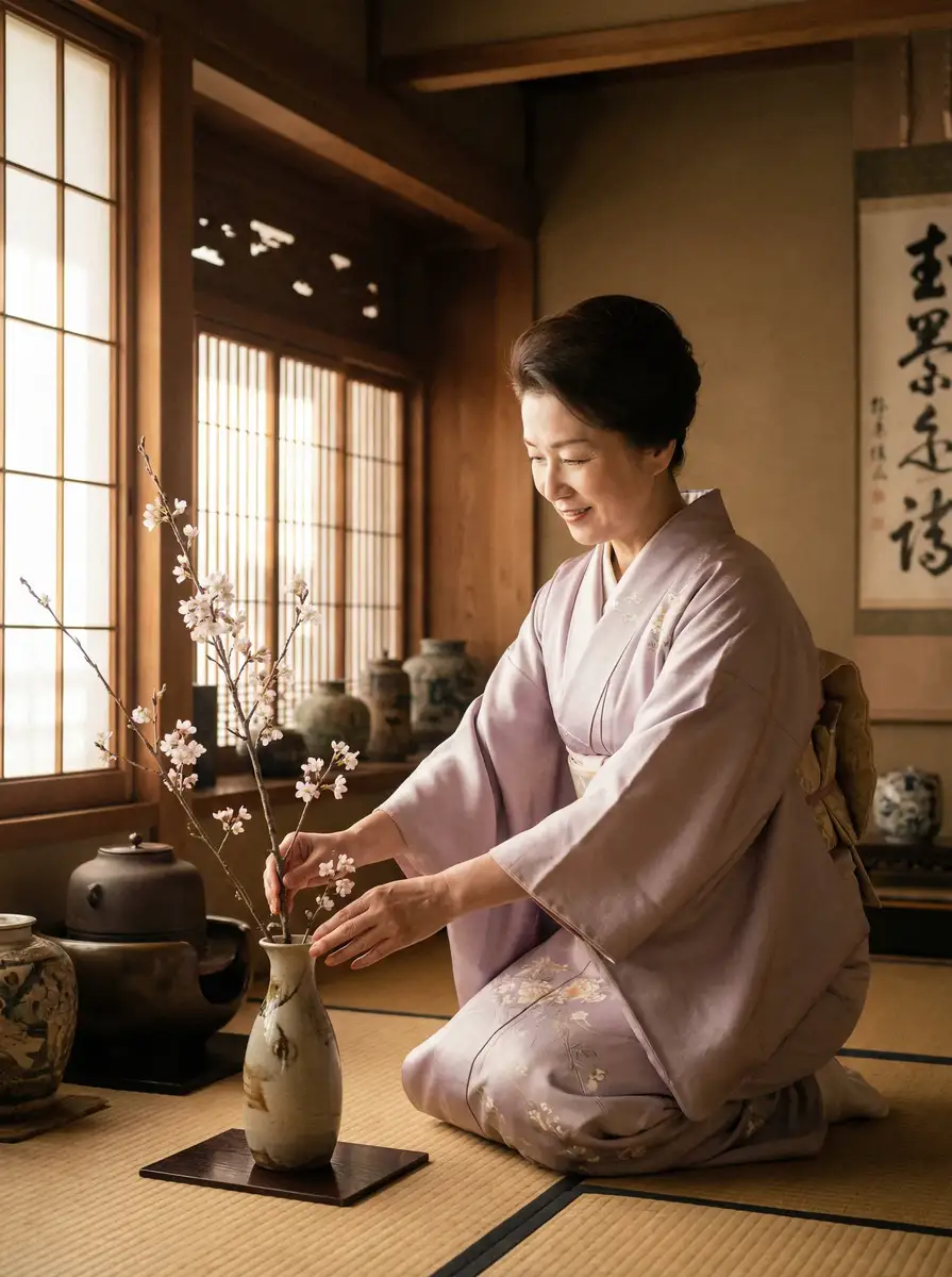 一位优雅的 爱液视频 在和室中插花